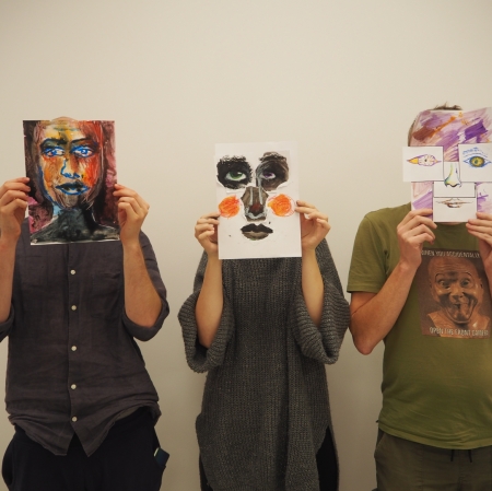 three people standing next to each other with their faces covered with collage portraits