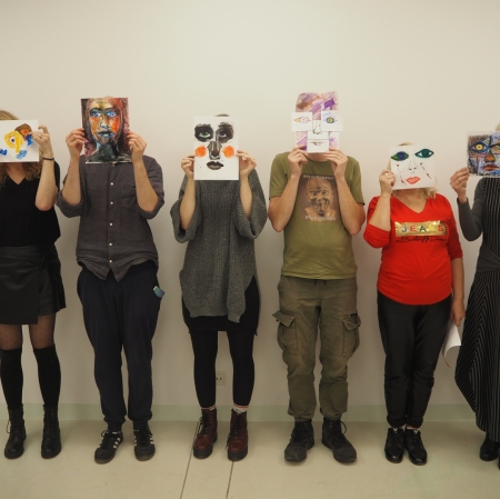 a group of people standing next to each other with their faces covered with collage portraits