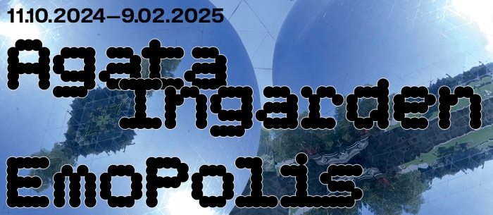 Napis Agata Ingarden EmoPolis o nierównych brzegach, na geometrycznym tle w kolorach niebieskich i szarych