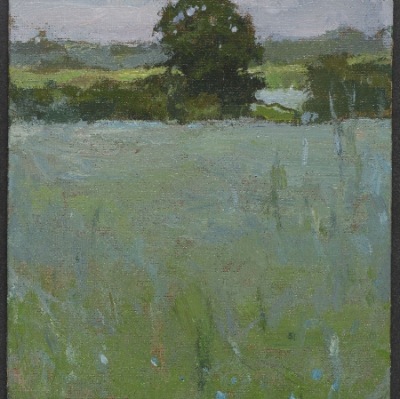 Letni pejzaż, na pierwszym planie kwietna łąka, w tle drzewo, krzewy i delikatnie zachmurzone niebo