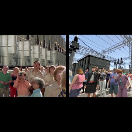 Alan Butler, "On Exactitude in Science", 2017, two-screen HD Video, 5.1 Surround Audio, Edition 5 + 1 A.P., "Koyaanisqatsi" (© IRE 1983, All Rights Reserved) courtesy of Godfrey Reggio and the Institute for Regional Education