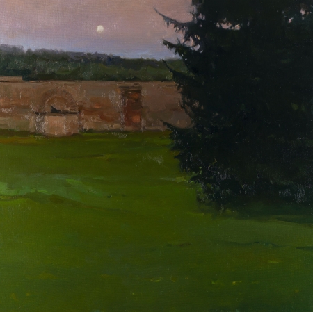 Lekko rozmyty pejzaż.  Na pierwszym planie duża połać zielonej trawy, po prawy ciemna syklwetka drzewa, w tle pole pełne zboża, na choryzoncie lasy. Na niebie maleńki księżyc w pełni.