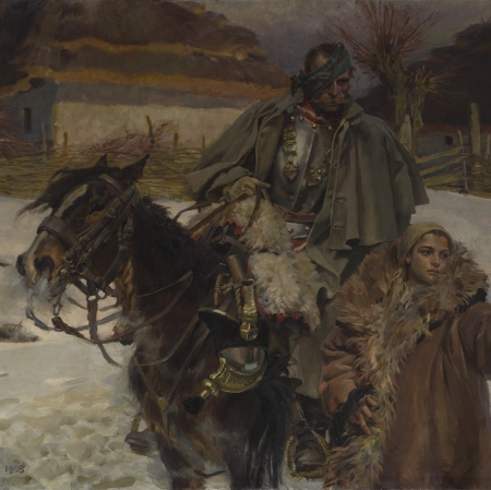 Wojciech Kossak, "A Wounded Cuirassier and a Girl", 1908, from the collection of Muzeum Sztuki in Łódź