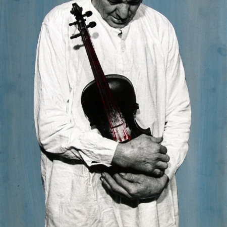 Michał Kokot, Skrzypek, 1969, odbitka żelatynowo-srebrowa, tektura, gwasz, kolekcja Muzeum Sztuki w Łodzi