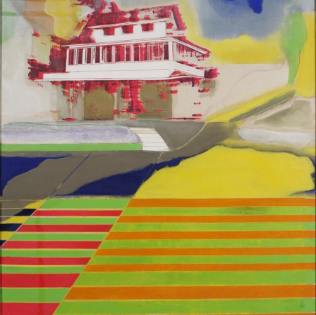 Frank Bowling, "Blazing Cane Field with Rum Shop", 1967, oil painting, collection of Muzeum Sztuki, Łódź