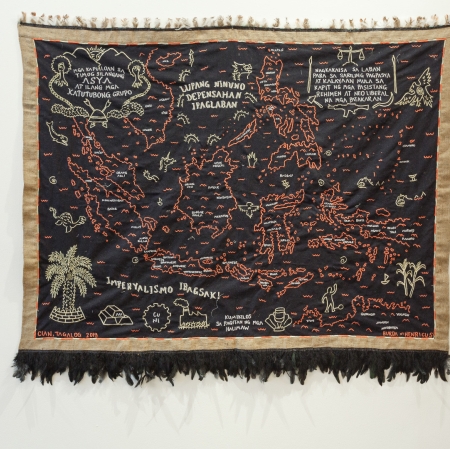 Cian Dayrit, "Moving Amongst Monsters", 2020, embroidery on textile (collaboration with Henry Caceres), installation view "We Move Amongst Ghosts" curated by Kayu Lucie Fontaine, 2020, courtesy the artist and NOME, Berlin