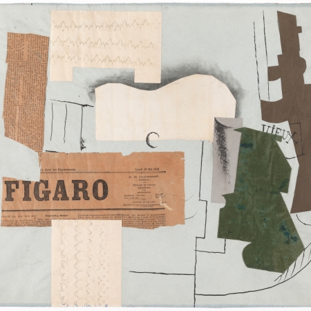 Pablo Picasso, „Butelka Vieux Marc, kieliszek, gitara i gazeta”, 1913, papier drukowany i farba drukarska na papierze dzięki uprzejmości Tate Modern, Londyn