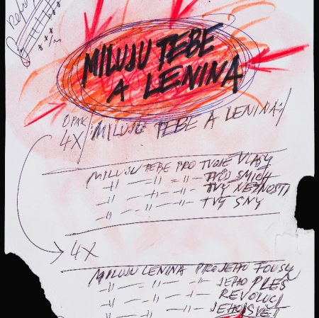 Milan Knížák, "Score for Aktual band song [Miluju tebe a Lenina]", 1967, cardboard, pen, ink, pastel, felt-tip pen, collection of Muzeum Sztuki, Łódź