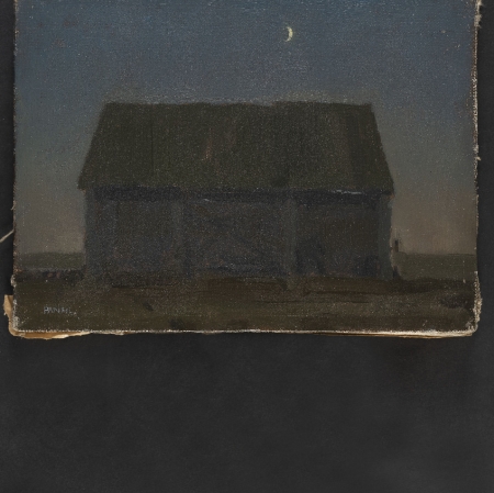 pejzaż wieczorny,drewniany domek spowity w półmroku, na niebie widoczny księżyc