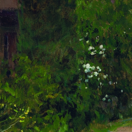 Pejzaż w przytłumionych kolorach. Zbiorowisko drzew i krzewów, po prawej widoczne delikatne, białe kwiaty.