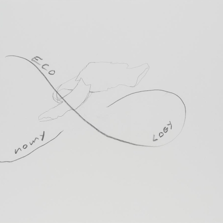 Simone Forti, "Eco Nomy Logy", from the "News Animation" series, 2012, paper, pencil © Simone Forti and Muzeum Sztuki in Łódź