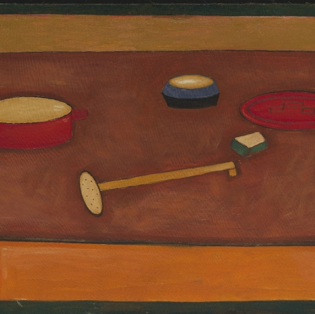 Martwa natura. Na stole leżą kolorowe przyrządy kuchenne.