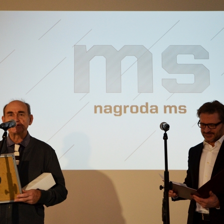 (od lewej) Jan Peszek i Jarosław Suchan podczas przyznania nagrody ms