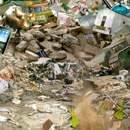 many scattered items including ipad, bull, house, hamburger create a “garbage dump”
