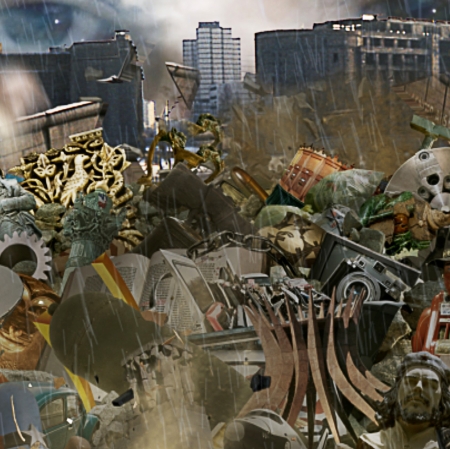 porozrzucane przedmioty na pierwszym planie, na drugim planie budynki, wszystko zasłonięte ścianą deszczu