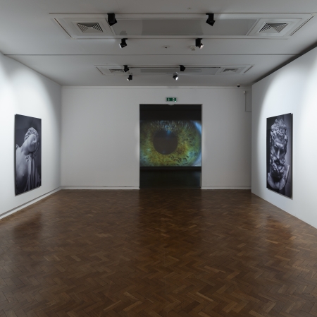 przestrzeń wystawy, po dwóch stronach powieszone obrazy