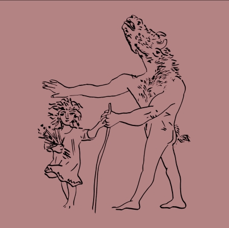 A drawing depicting a minotaur who supports himself with one hand with a stick, the same stick is held by a child who holds a bouquet of flowers in one hand