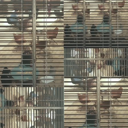 blurry photograph rearranging chairs in a room photographed from behind an awning