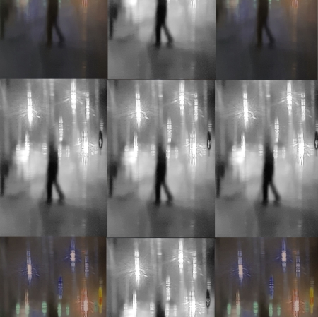 Blurred photograph, which is a collage, depicts a walking man