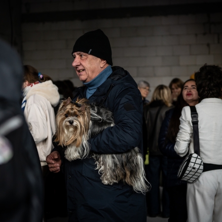 mężczyzna trzymający na rękach psa podczas otarcia wystawy