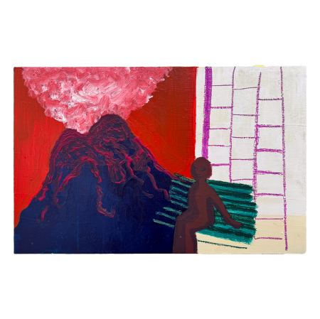 Abstrakcyjny obraz, w mocnych kolorach. Widzimy kształt siedzącej osoby, oraz wulkan.