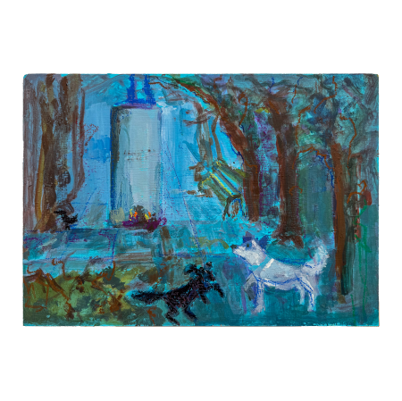 Pejzaż o uproszczonych kolorach i kształtach, wśród którego możemy zobaczyć kształt psa.